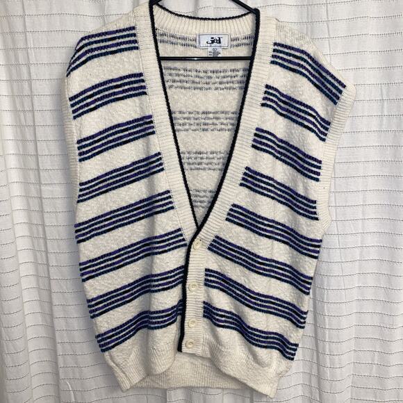 Vintage Jed Men’s Vest Button Up Large Striped Ivory Blue Purple - Picture 1 of 4